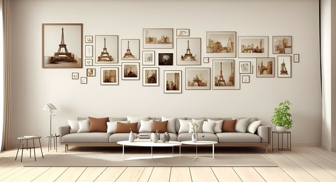 Photo of a cozy living room with a gallery wall of diverse art pieces