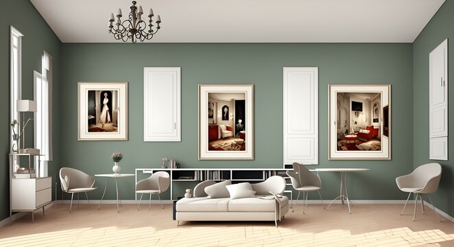 Photo of a luxurious and elegant living room with stunning chandelier and stylish furniture