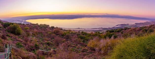 Panoramic sunset view of the Sea of Galilee