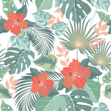 Seamless with tropical leaves. Palm, banana leaf, hibiscus, plumeria flowers.