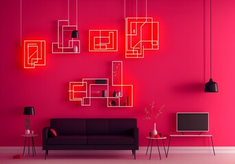 Photo of a modern living room with a black couch and a vibrant pink accent wall