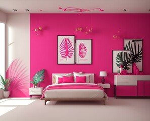 Photo of a cozy and bright bedroom with pink walls and white furniture