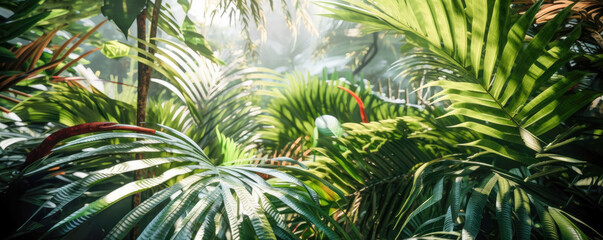 Fototapeta na wymiar Jungle with dense foliage in the sunshine - Generative AI