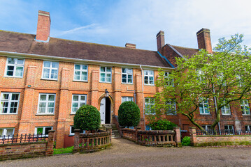 Fototapeta na wymiar Front view of the beautiful brick building Sheppards Calleges in Bromley town, London, UK