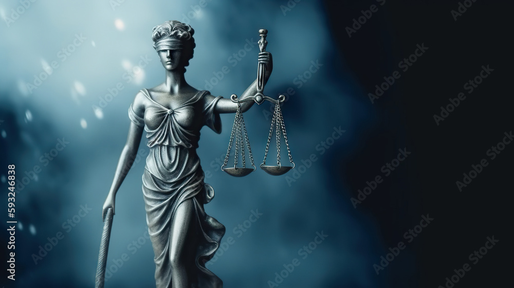 Wall mural bronze statue of the goddess of justice themis, holding the law scales in her hands, on dark blue sm