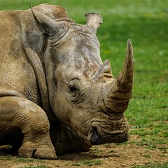 Closeup shot of a rhino resting on the field