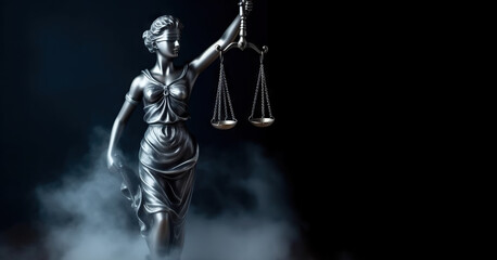 Bronze statue of the Goddess of Justice Themis, holding the Law Scales in her hands, on dark blue smoky background. Copy space. Based on Generative AI - obrazy, fototapety, plakaty