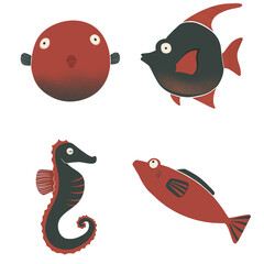 Illustration de poisson: hippocampe, sardine, poisson globe, poisson chirurgien bleu