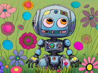 Adorable cute little funny robot with flowers. Cartoon drawing style illustration. Artificial intelligence chat bot. Generative AI