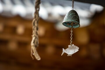 Image of a paper fish connected to the traditional bell on a Korean building in Korea.