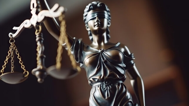 Bronze statue of the Goddess of Justice Themis, holding the Law Scales in her hands, on a blurred dark background. Copy space. Based on Generative AI