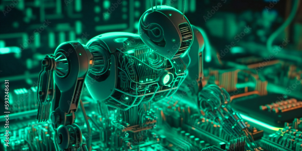 Poster a robot in the factory with circuitboard,