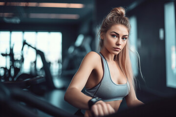 Fototapeta na wymiar Blonde woman doing fitness exercise in gym. AI