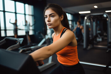 Fototapeta na wymiar Brunette woman doing fitness exercise in gym. AI