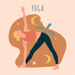 A blond girl doing yoga stretching fitness in pose and orange and dark  blue clothes with flowers leaves stars moons on brown background for apps webs posters