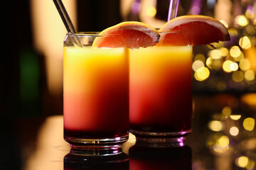Glass of tasty Tequila Sunrise with grapefruit slices on table