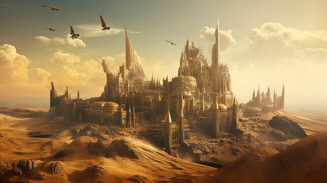 fantasy sci fi castle on another planet. Generative AI image.