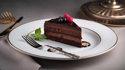 chocolate cake on a plate with a fork. Generative Ai - obrazy, fototapety, plakaty
