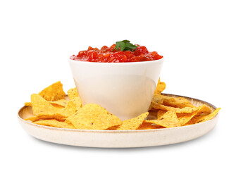 Plate with nachos and bowl of delicious salsa sauce isolated on white background