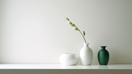 pair of vases on a white shelf, minimalism, wallpaper. Generative Ai
