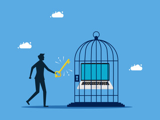 IT freedom control and unlocking. man unlocks laptop in cage vector