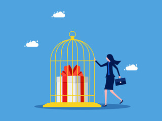 Control and lack of business autonomy. Businesswoman keeps a gift box in a cage vector