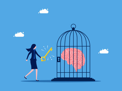 Unlock your freedom of thought. Businesswoman unlocks the brain in the cage vector