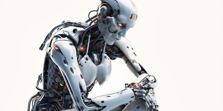 robot with hands and legs, thinking about his arm and neck