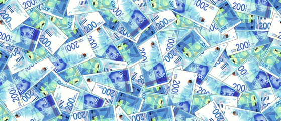 Financial illustration. Wide seamless pattern. Randomly scattered paper banknotes of Israel with a face value of 200 new shekels. Israeli bills.