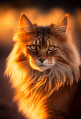 Obraz premium Red fluffy cat sits in a park in autumn sunny weather at sunset. AI Generated