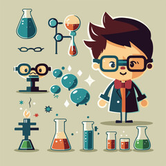 boy scientist with chemistry items