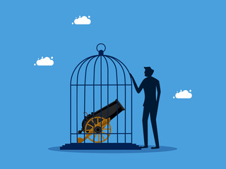 Take control of trade and business wars. man locks a cannon in a birdcage vector