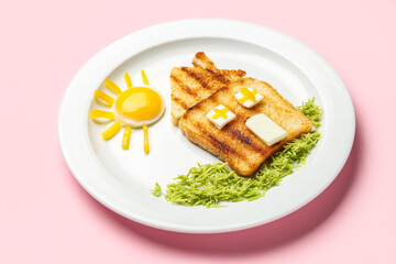 Plate with funny children's breakfast in shape of house on pink background