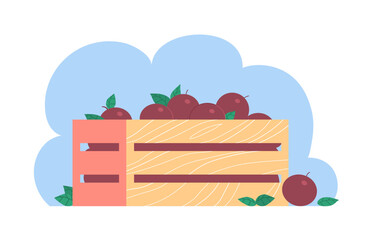 Wooden box with red fresh apple. Autumn fruit harvest. Product in the store. Flat vector illustration isolated on white background