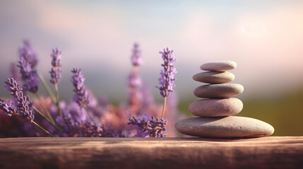 Obraz na płótnie Canvas Stones and lavenders on wooden desk on background of lavender field. Spa still life in pastel colors. Copy space. Based on Generative AI