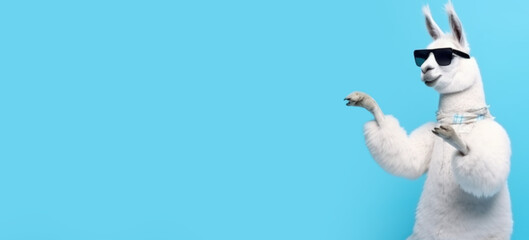 stylish llama in glasses on a blue background, Generative AI