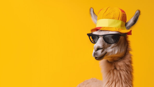stylish llama in glasses and a hat on a yellow background, Generative AI