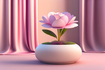 3D display podium beige background with curtain. Pink flower in stone vase. Nature Blossom minimal pedestal for beauty, cosmetic product presentation
