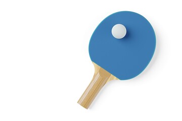 Blue table tennis or ping pong paddle or racket with table tennis ball on white background, sports or activity concept