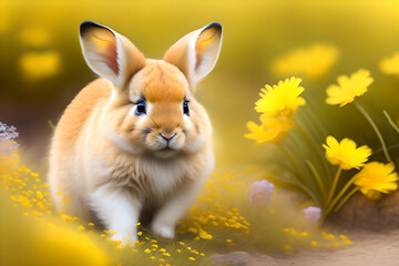 Cute Easter bunny in the yellow spring flowers