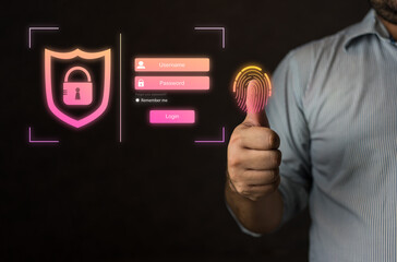 Login with fingerprint scanning technology. Secure encryption and access to private information to access data. Fingerprint data protection with the virtual screen interface. Cybersecurity privacy.