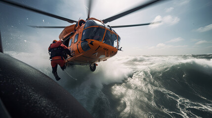 Rescue team descending from a helicopter at a ship in distress.