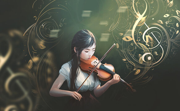 Digital illustration painting design style Asian girl is playing violin in the dark.