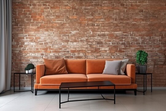 interior trendy comfortable decoration cushion lounge lamp floor terracotta living room design green couch. Generative AI.