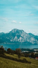 Beautiful landscape of the big mountains with lake Traunsee in the background in Gmunden Austria