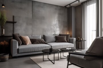 interior background living room white floor loft grey sofa light wall room. Generative AI.