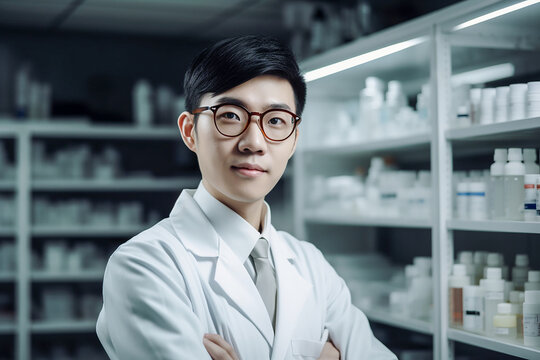 Asian Laboratory Technician / Pharmacist. Generative AI.
A digital painting of an Asian laboratory technician or a pharmacist in a storeroom.