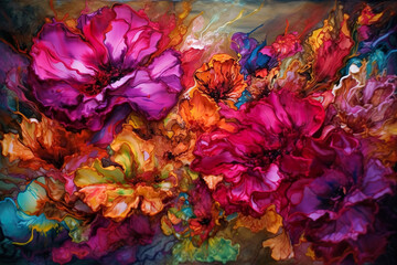 Fototapeta na wymiar Abstract painting of flowers in various colors. Generative Ai