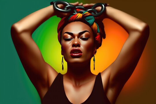 Black history month or women's history month. Strong powerful black woman breaking free from chains. Slavery, slave trade, abolition banner, juneteenth, black history month, keti koti or freedom day. 