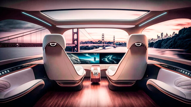 The interior of a luxury and futuristic speedboat with a view of the bridge, generative ai